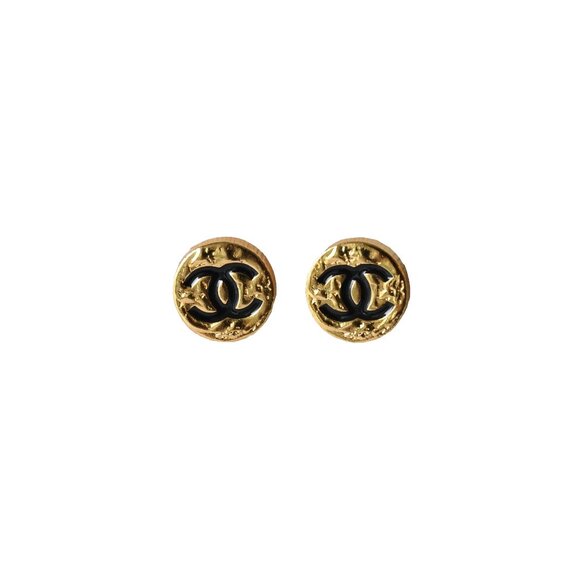 Chanel CC Round Earrings Gold Black - Picture 1 of 1